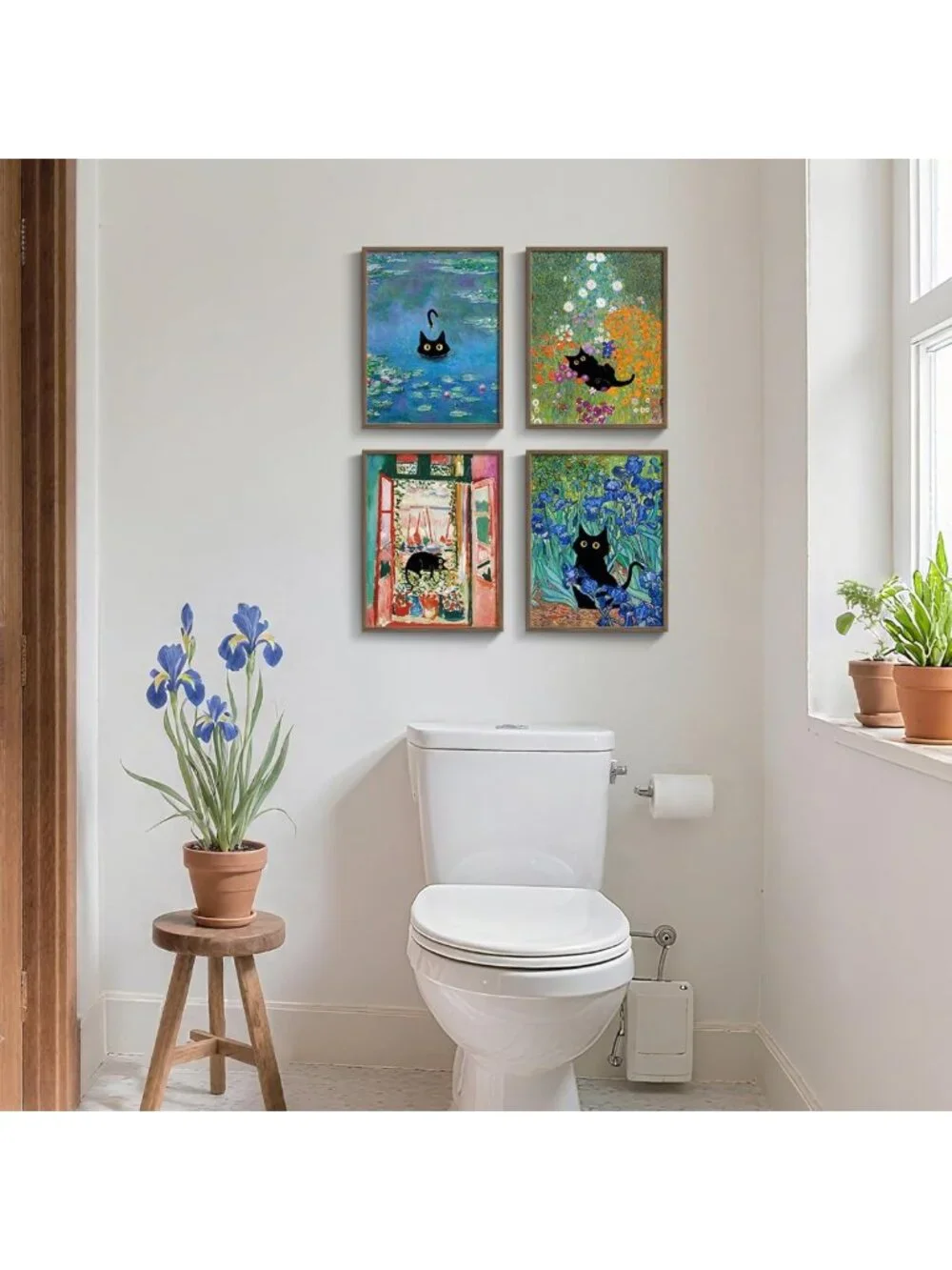Cute Black Cat Wall Art Set, 4-Piece Canvas Prints for Bathroom & Home Decor